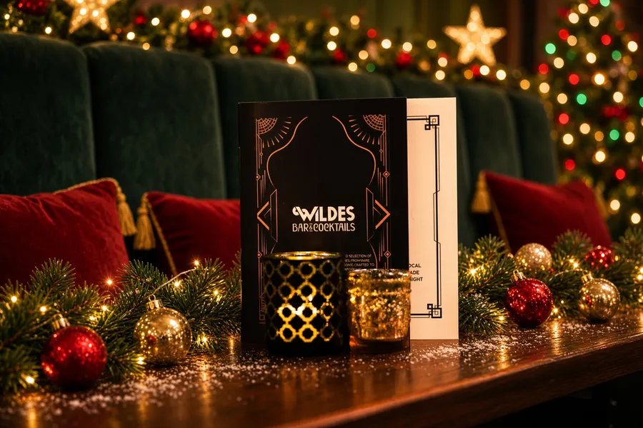 The Wildes menu and two gold votives on a table dressed with pine garland, baubles and fairy lights