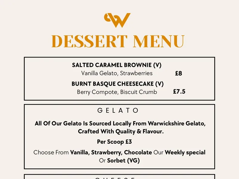 Desserts menu at Wildes wine and cocktail bar