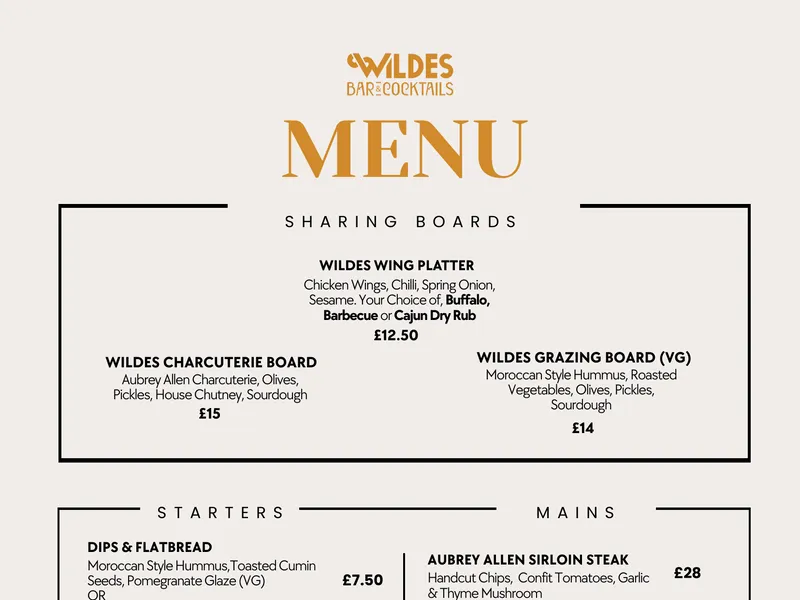 Main Menu menu at Wildes wine and cocktail bar
