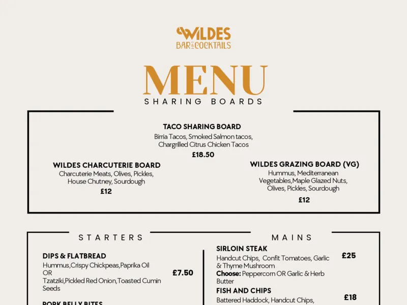 Main Menu menu at Wildes wine and cocktail bar