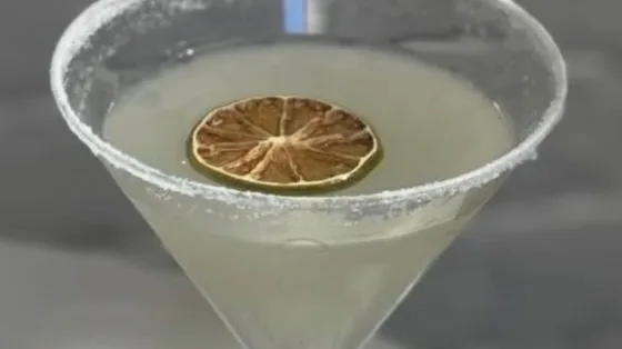 A margarita in a salt-rimmed glass with a dried lime wheel