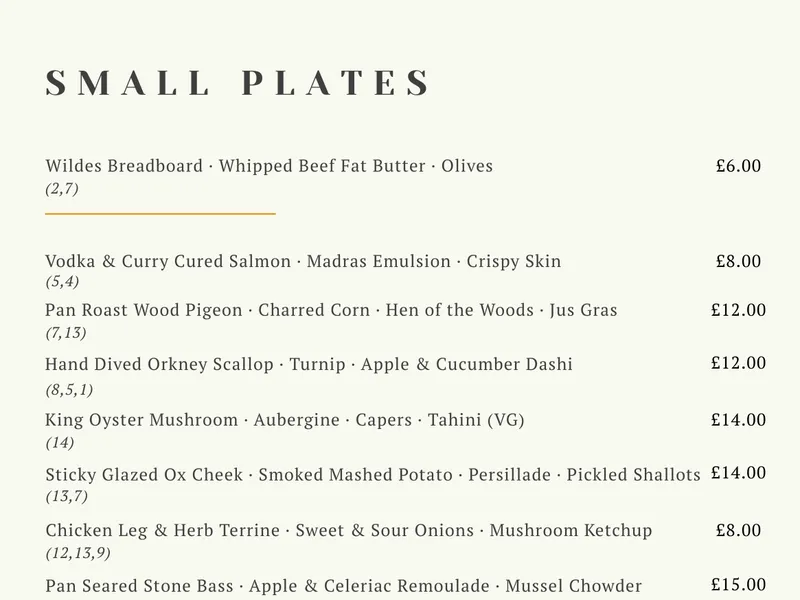 Small Plates menu at Wildes