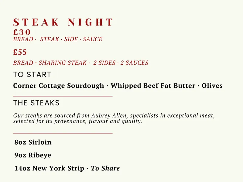 Steak Night menu at Wildes