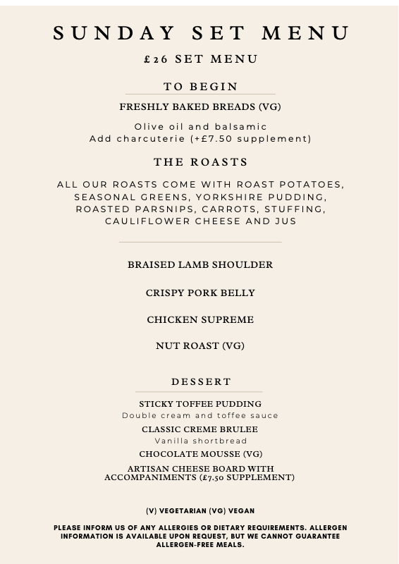 Sunday lunch menu preview