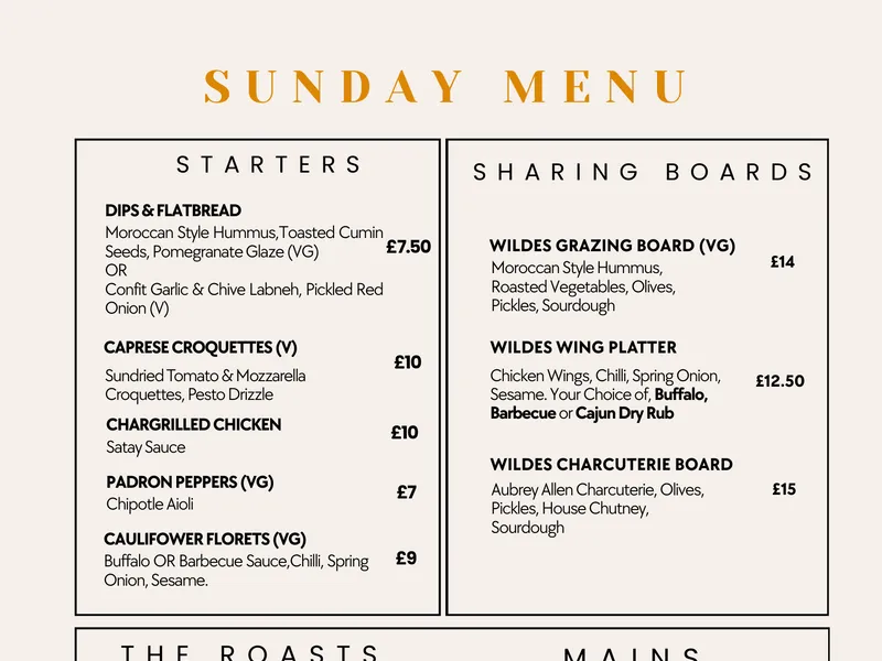 Sunday Lunch menu at Wildes wine and cocktail bar