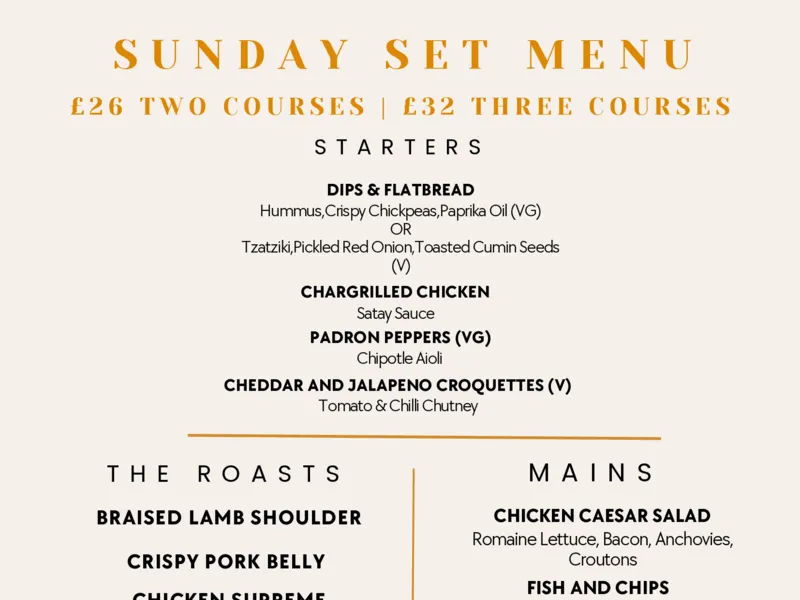 Sunday Lunch menu at Wildes wine and cocktail bar