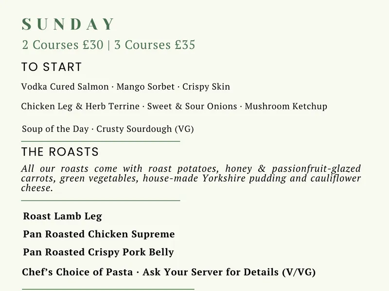 Sunday Lunch menu at Wildes